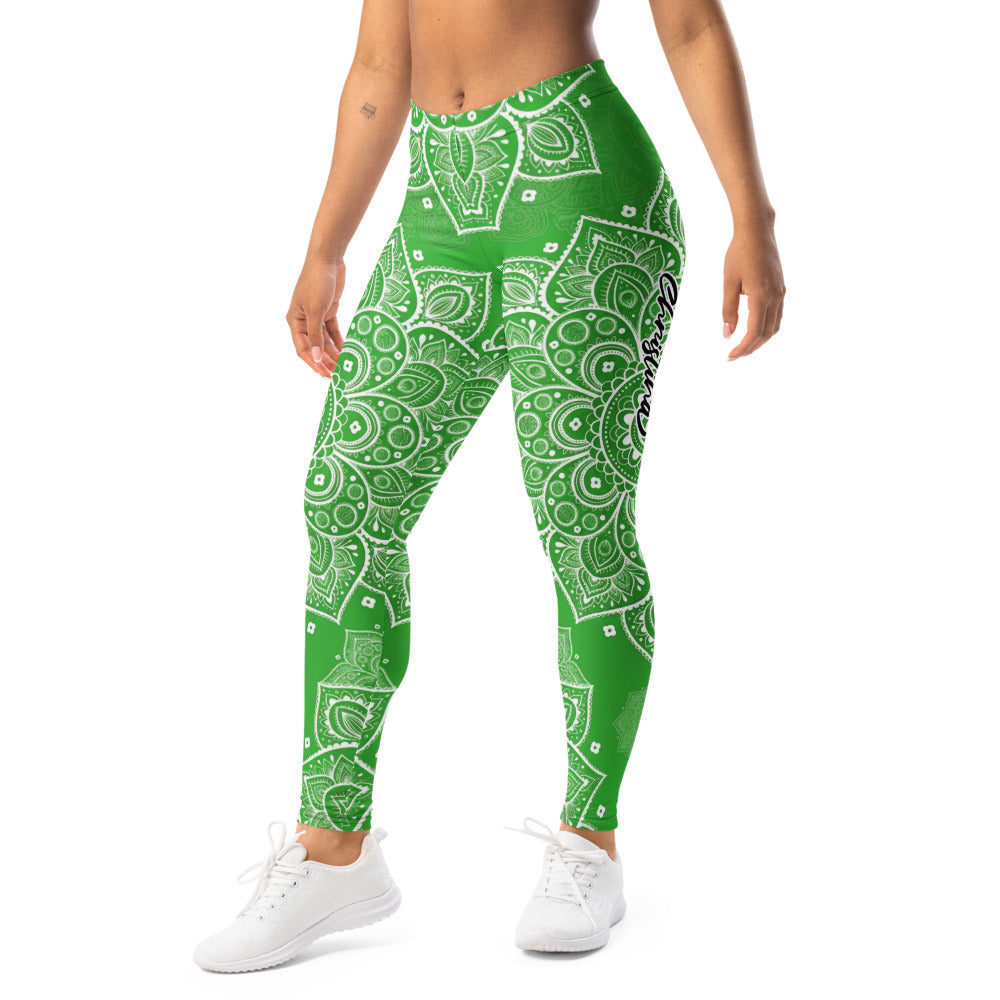 Personalisierte Damen Yoga Leggings Mandala Muster Grün Weiß Sportleggings Fitnesshose T581