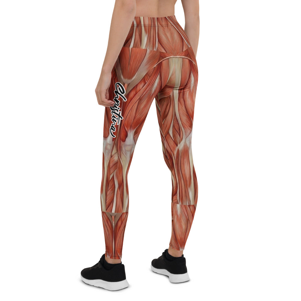Personalisierte Damen Sportleggings Muskel-Print Anatomie Design Fitness Leggings Rot Beige K351