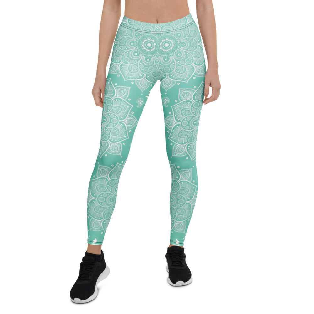 Personalisierte Damen Yoga Leggings Mandala Muster Türkis Weiß Fitness Sportleggings E517