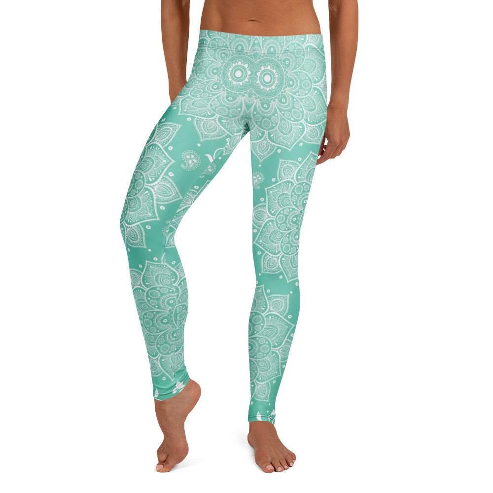 Personalisierte Damen Yoga Leggings Mandala Muster Türkis Weiß Fitness Sportleggings E517