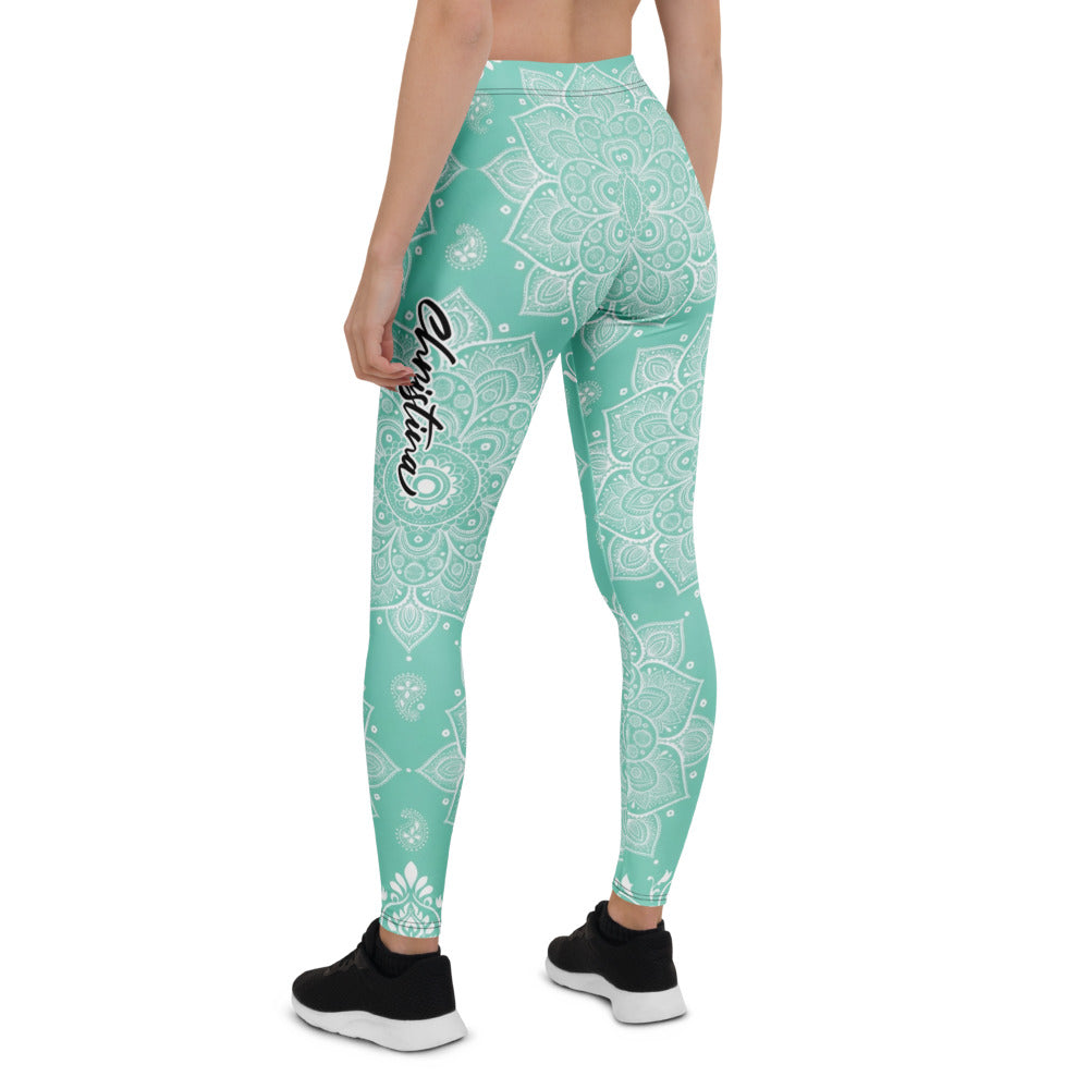 Personalisierte Damen Yoga Leggings Mandala Muster Türkis Weiß Fitness Sportleggings E517