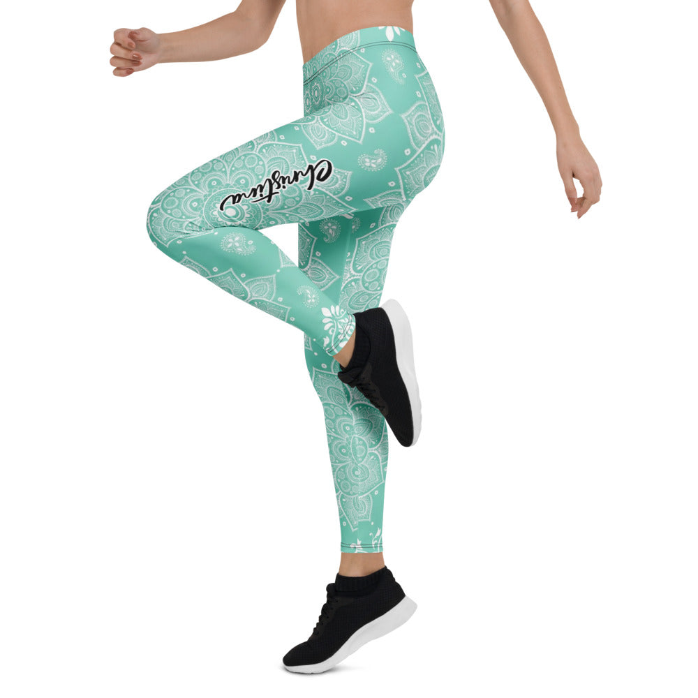 Personalisierte Damen Yoga Leggings Mandala Muster Türkis Weiß Fitness Sportleggings E517