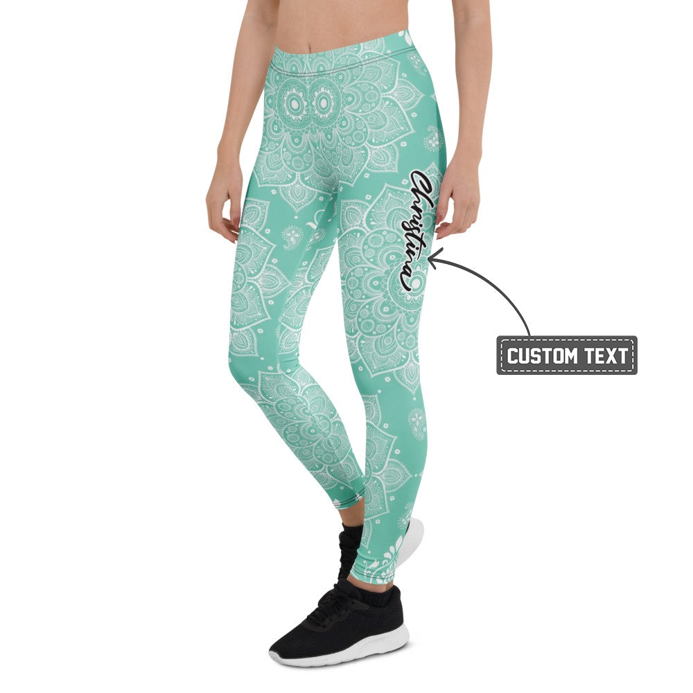 Personalisierte Damen Yoga Leggings Mandala Muster Türkis Weiß Fitness Sportleggings E517 - XL