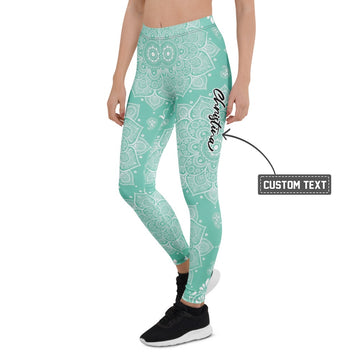 Personalisierte Damen Yoga Leggings Mandala Muster Türkis Weiß Fitness Sportleggings E517 - XL