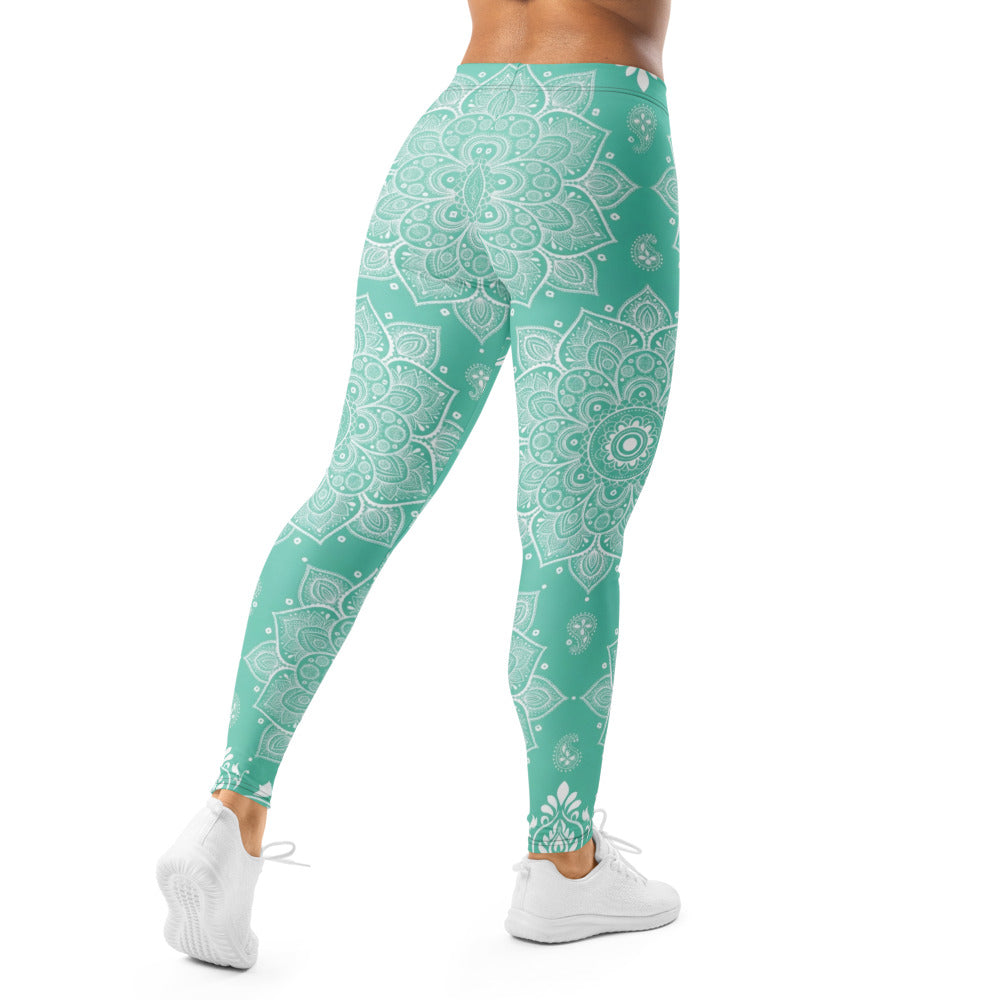 Personalisierte Damen Yoga Leggings Mandala Muster Türkis Weiß Fitness Sportleggings E517