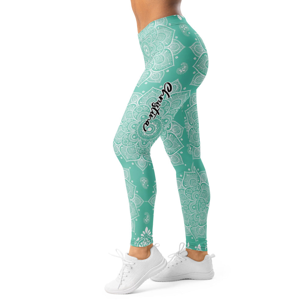 Personalisierte Damen Yoga Leggings Mandala Muster Türkis Weiß Fitness Sportleggings E517