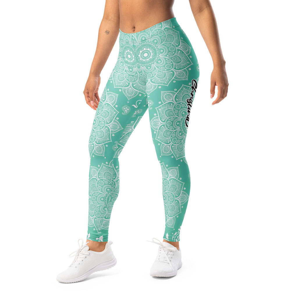 Personalisierte Damen Yoga Leggings Mandala Muster Türkis Weiß Fitness Sportleggings E517