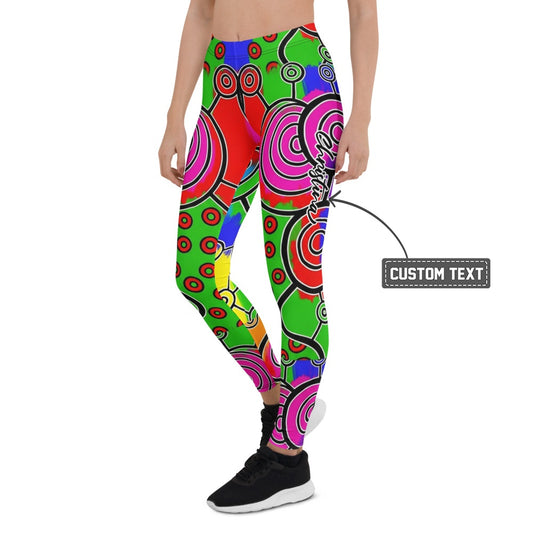 Personalisierte Damen Sportleggings Abstrakt Bunt Grün Kreise Spiralen Muster Fitness Leggings Yoga Hose X075 - XL