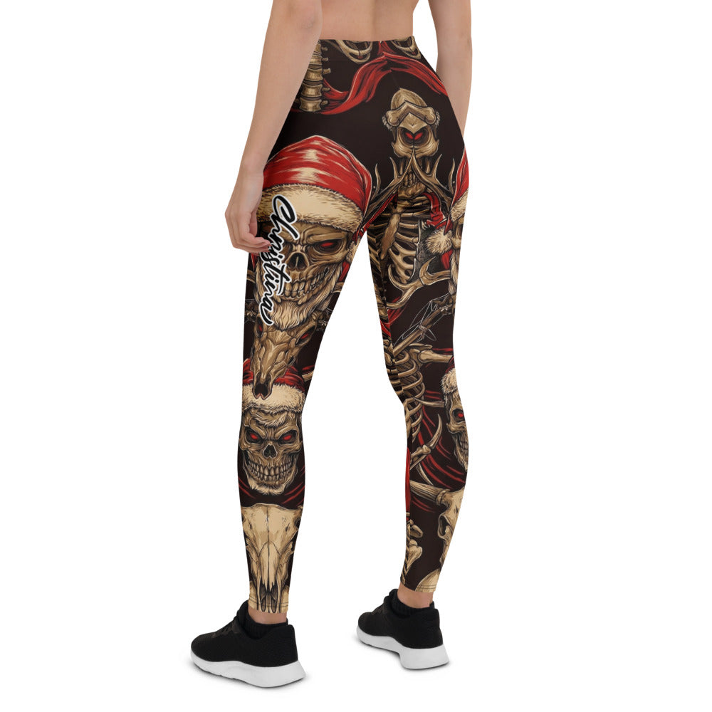 Personalisierte Sportleggings Damen Totenkopf Skelett Design Schwarz Rot Gothic Weihnachten Fitness Leggings Y839