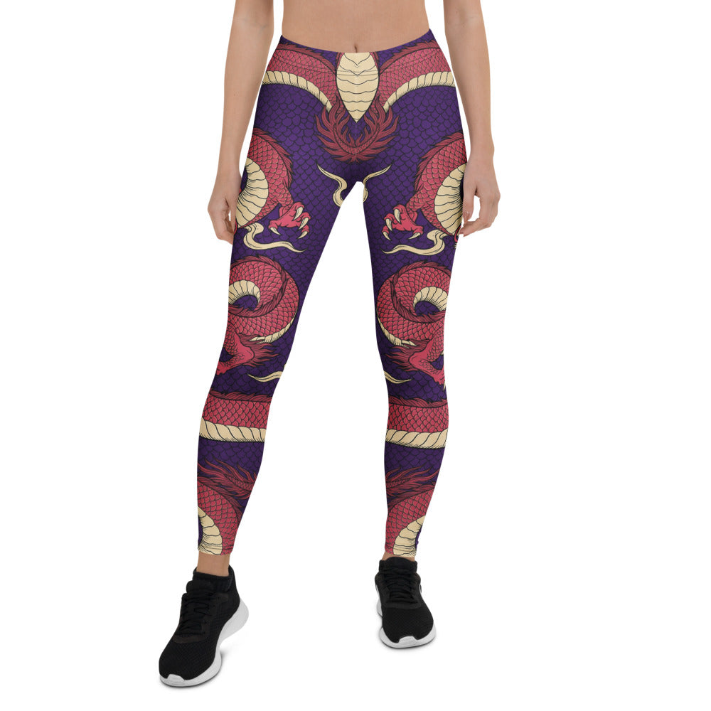 Personalisierte Damen Sportleggings Drachen Muster Lila Rot Fitness Leggings Yoga Hose Japanisches Design X270