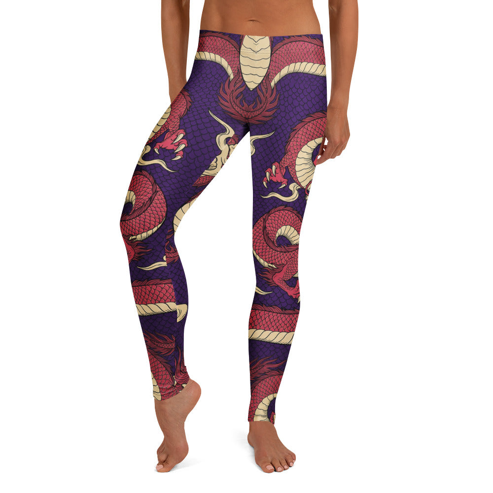 Personalisierte Damen Sportleggings Drachen Muster Lila Rot Fitness Leggings Yoga Hose Japanisches Design X270