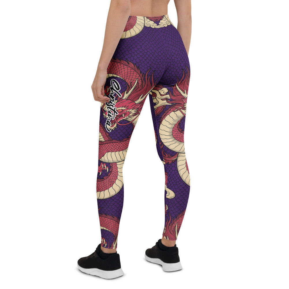 Personalisierte Damen Sportleggings Drachen Muster Lila Rot Fitness Leggings Yoga Hose Japanisches Design X270