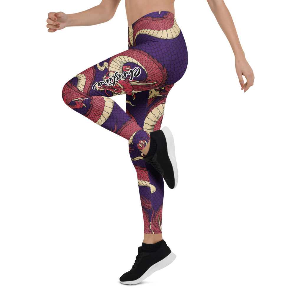 Personalisierte Damen Sportleggings Drachen Muster Lila Rot Fitness Leggings Yoga Hose Japanisches Design X270
