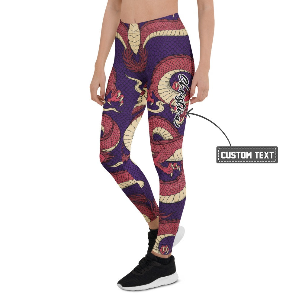 Personalisierte Damen Sportleggings Drachen Muster Lila Rot Fitness Leggings Yoga Hose Japanisches Design X270 - XL