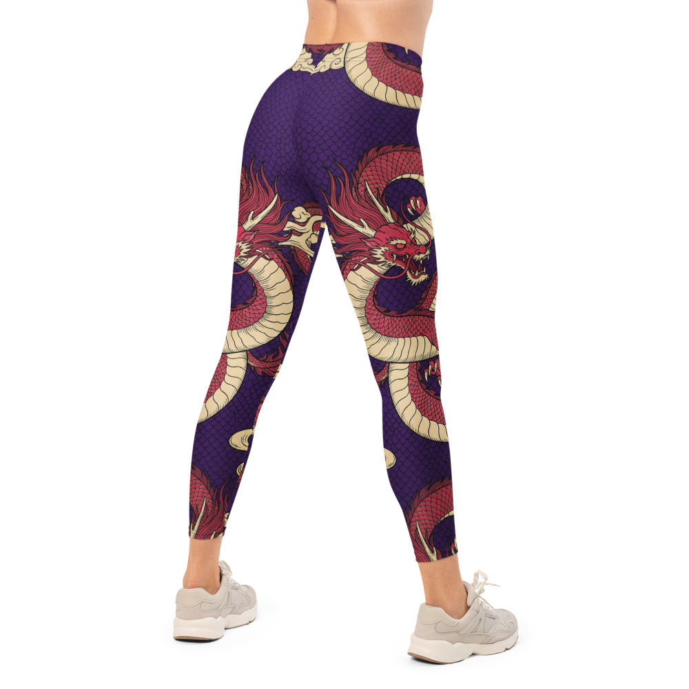 Personalisierte Damen Sportleggings Drachen Muster Lila Rot Fitness Leggings Yoga Hose Japanisches Design X270