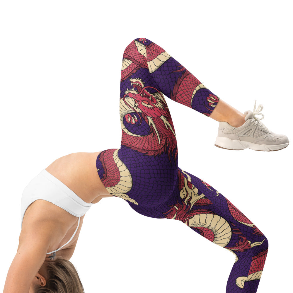 Personalisierte Damen Sportleggings Drachen Muster Lila Rot Fitness Leggings Yoga Hose Japanisches Design X270