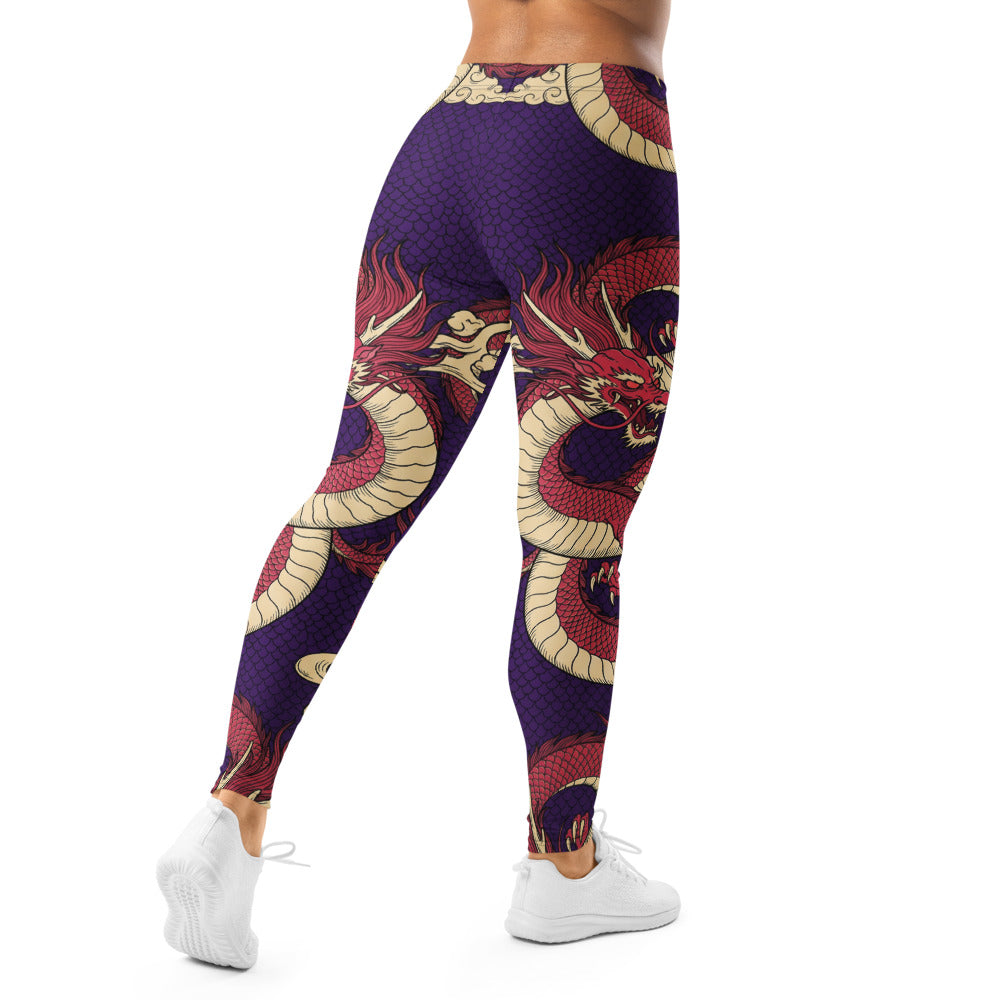 Personalisierte Damen Sportleggings Drachen Muster Lila Rot Fitness Leggings Yoga Hose Japanisches Design X270