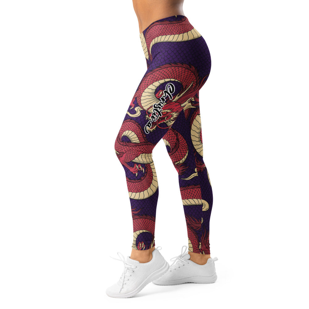 Personalisierte Damen Sportleggings Drachen Muster Lila Rot Fitness Leggings Yoga Hose Japanisches Design X270