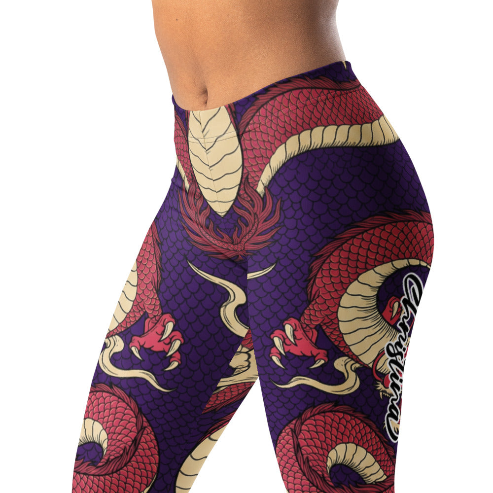 Personalisierte Damen Sportleggings Drachen Muster Lila Rot Fitness Leggings Yoga Hose Japanisches Design X270