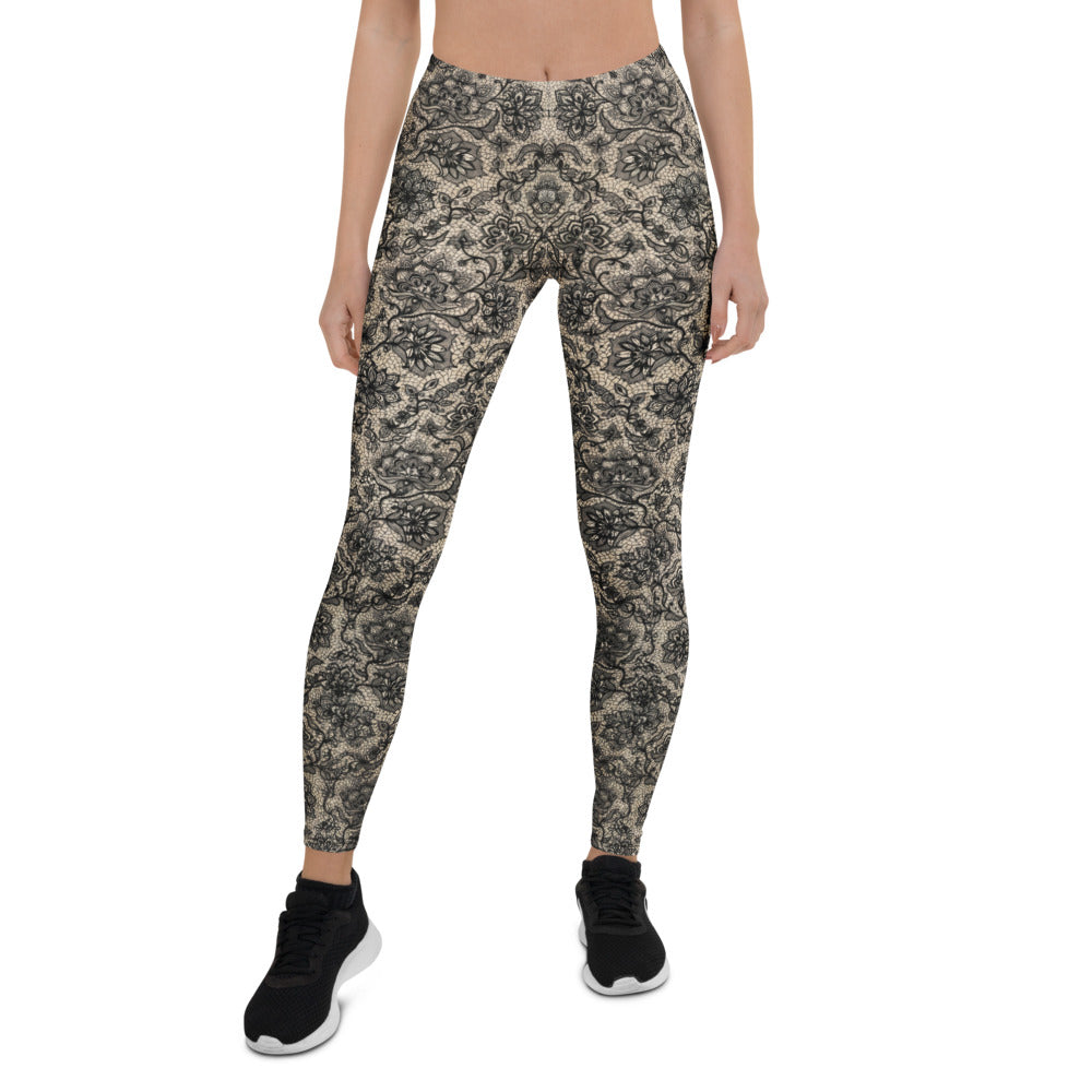 Personalisierte Damen Sportleggings Spitzenoptik Schwarz Beige Fitness Yoga Leggings V341