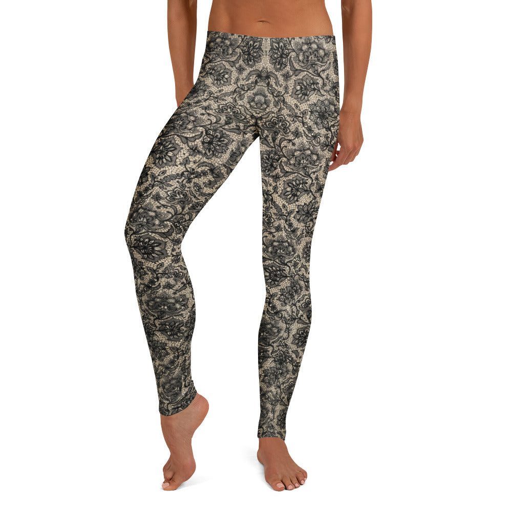 Personalisierte Damen Sportleggings Spitzenoptik Schwarz Beige Fitness Yoga Leggings V341
