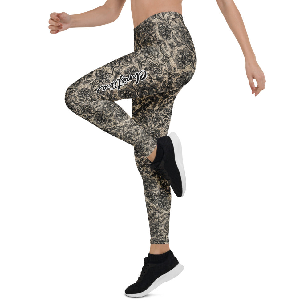 Personalisierte Damen Sportleggings Spitzenoptik Schwarz Beige Fitness Yoga Leggings V341