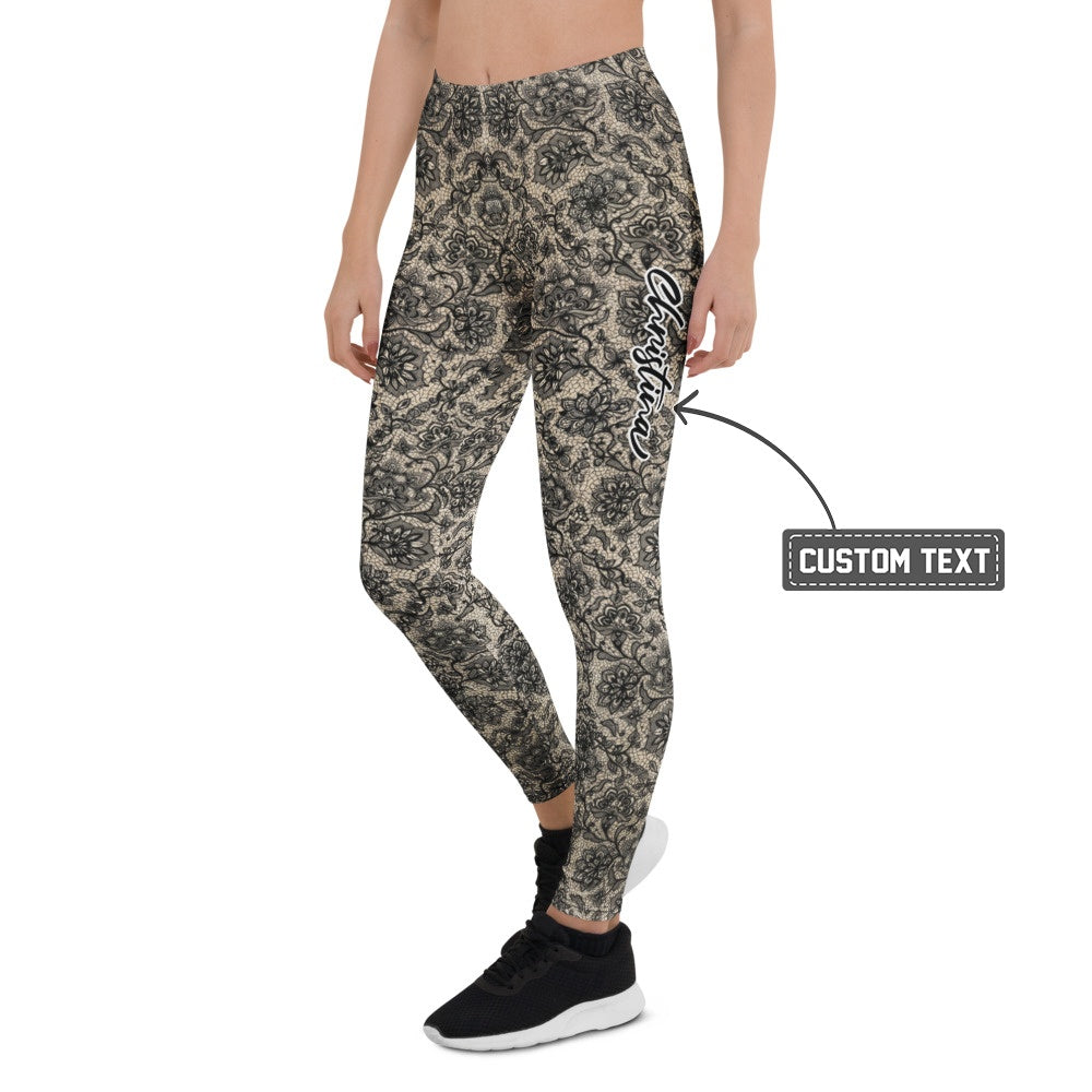 Personalisierte Damen Sportleggings Spitzenoptik Schwarz Beige Fitness Yoga Leggings V341 - XL