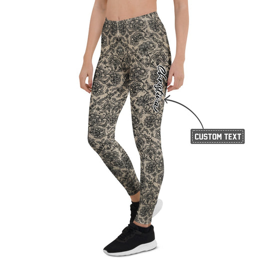 Personalisierte Damen Sportleggings Spitzenoptik Schwarz Beige Fitness Yoga Leggings V341 - XL