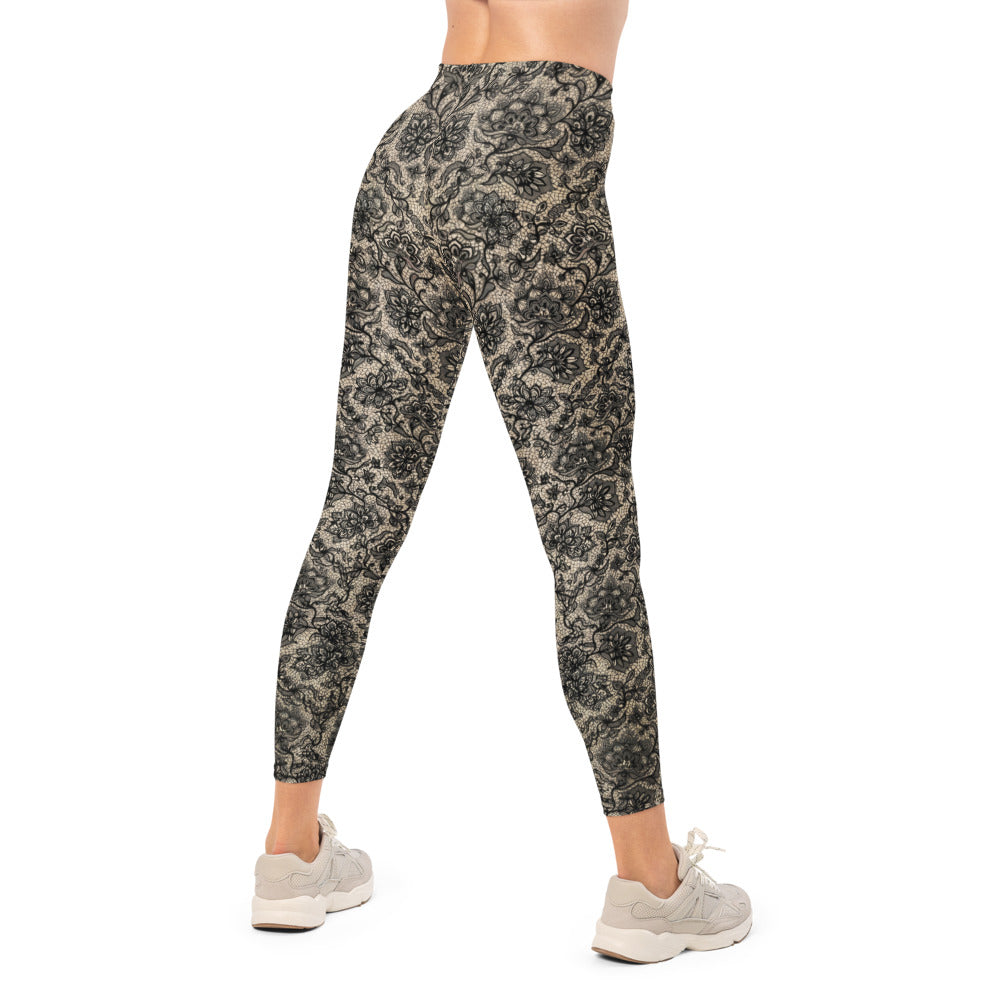 Personalisierte Damen Sportleggings Spitzenoptik Schwarz Beige Fitness Yoga Leggings V341