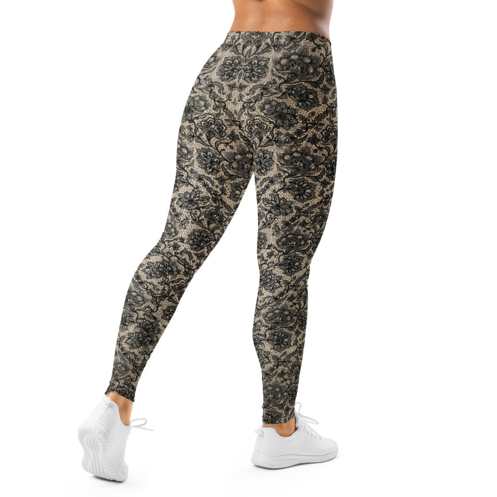 Personalisierte Damen Sportleggings Spitzenoptik Schwarz Beige Fitness Yoga Leggings V341