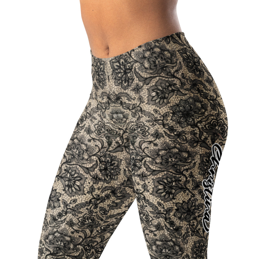 Personalisierte Damen Sportleggings Spitzenoptik Schwarz Beige Fitness Yoga Leggings V341