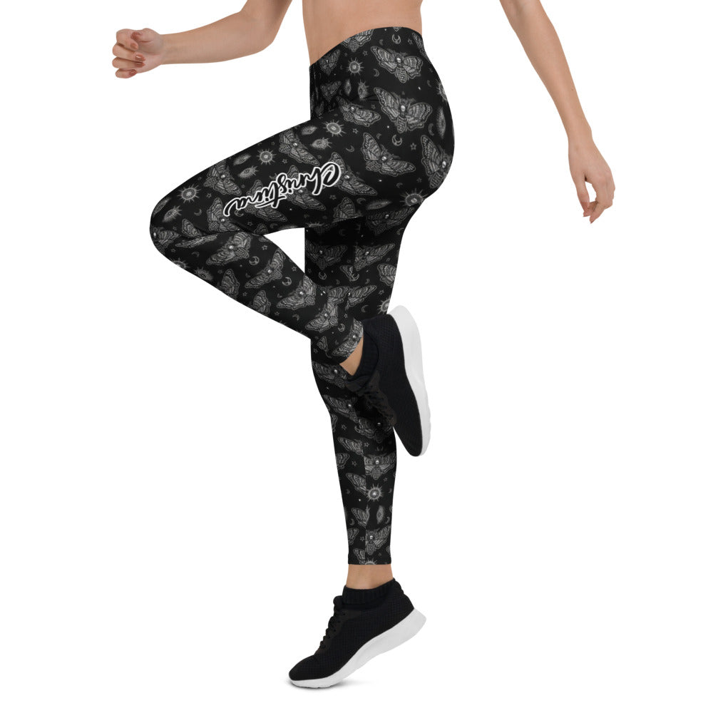 Personalisierte Damen Sportleggings Schwarz Nachtfalter Motiv Gothic Design Fitness Yoga Leggings Y863