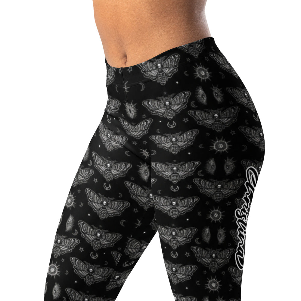 Personalisierte Damen Sportleggings Schwarz Nachtfalter Motiv Gothic Design Fitness Yoga Leggings Y863