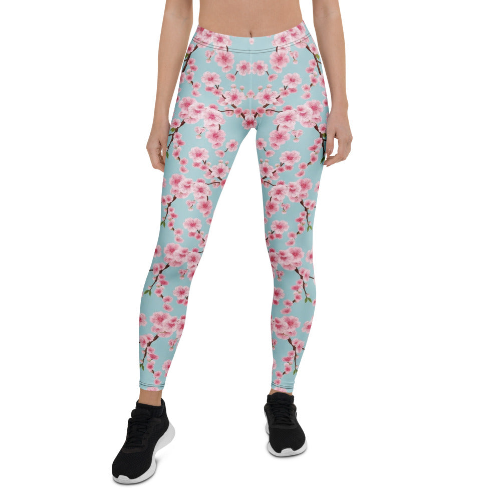 Personalisierte Sportleggings Damen Kirschblüten Design Hellblau Rosa Fitness Yoga Leggings Geblümt E662