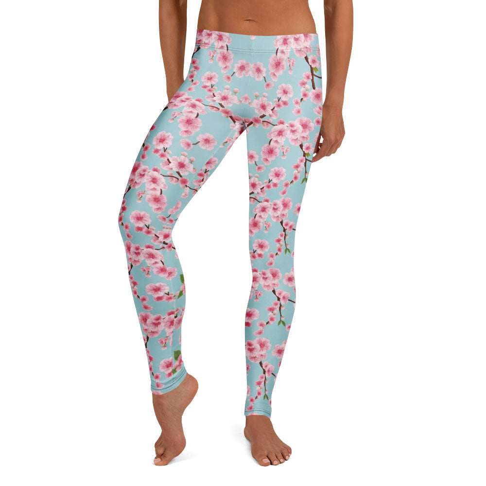 Personalisierte Sportleggings Damen Kirschblüten Design Hellblau Rosa Fitness Yoga Leggings Geblümt E662