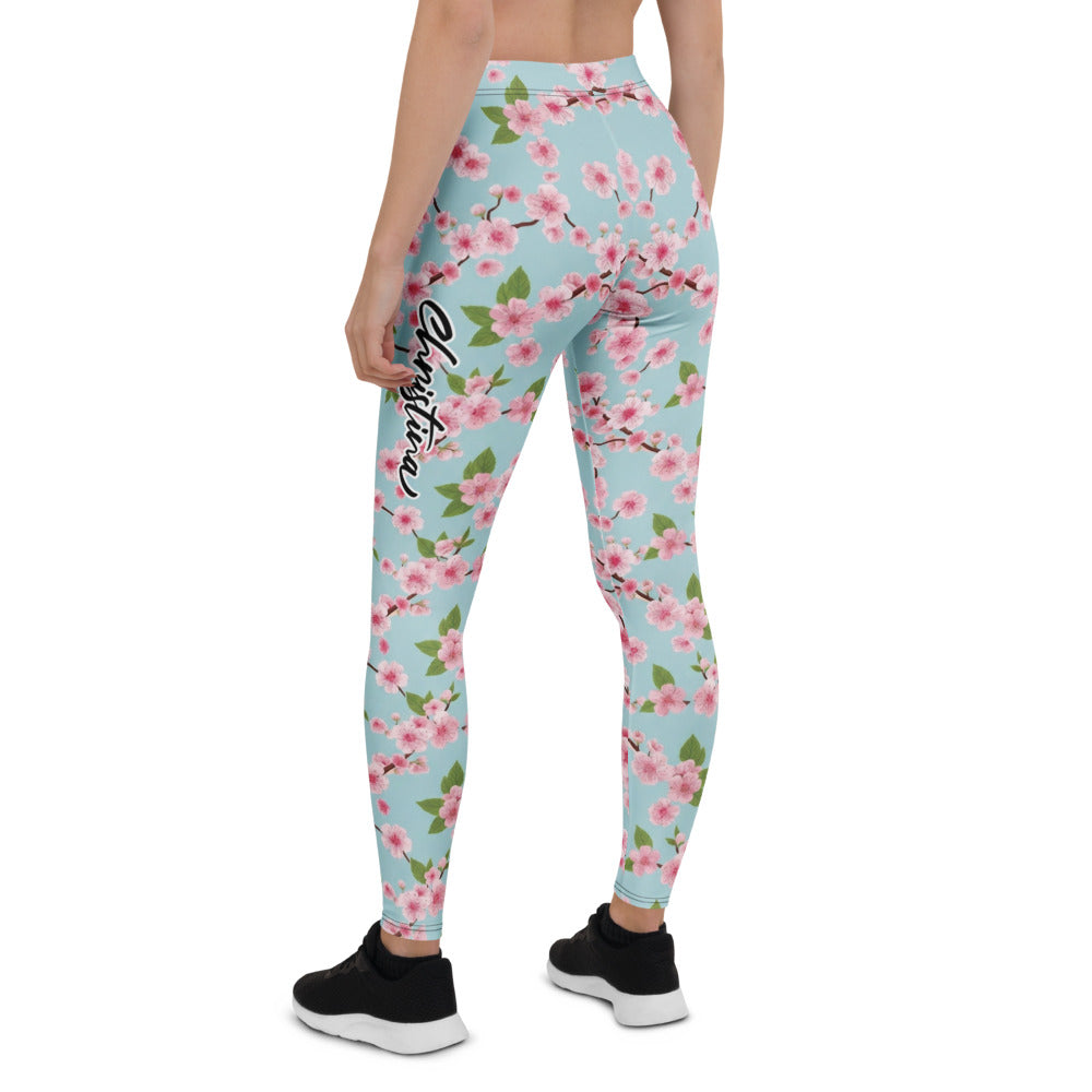 Personalisierte Sportleggings Damen Kirschblüten Design Hellblau Rosa Fitness Yoga Leggings Geblümt E662