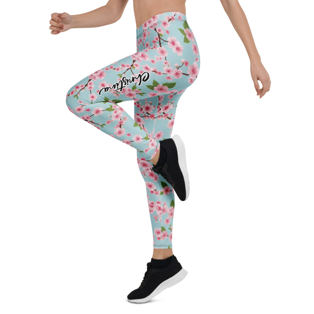 Personalisierte Sportleggings Damen Kirschblüten Design Hellblau Rosa Fitness Yoga Leggings Geblümt E662