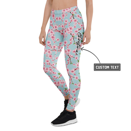 Personalisierte Sportleggings Damen Kirschblüten Design Hellblau Rosa Fitness Yoga Leggings Geblümt E662 - XL