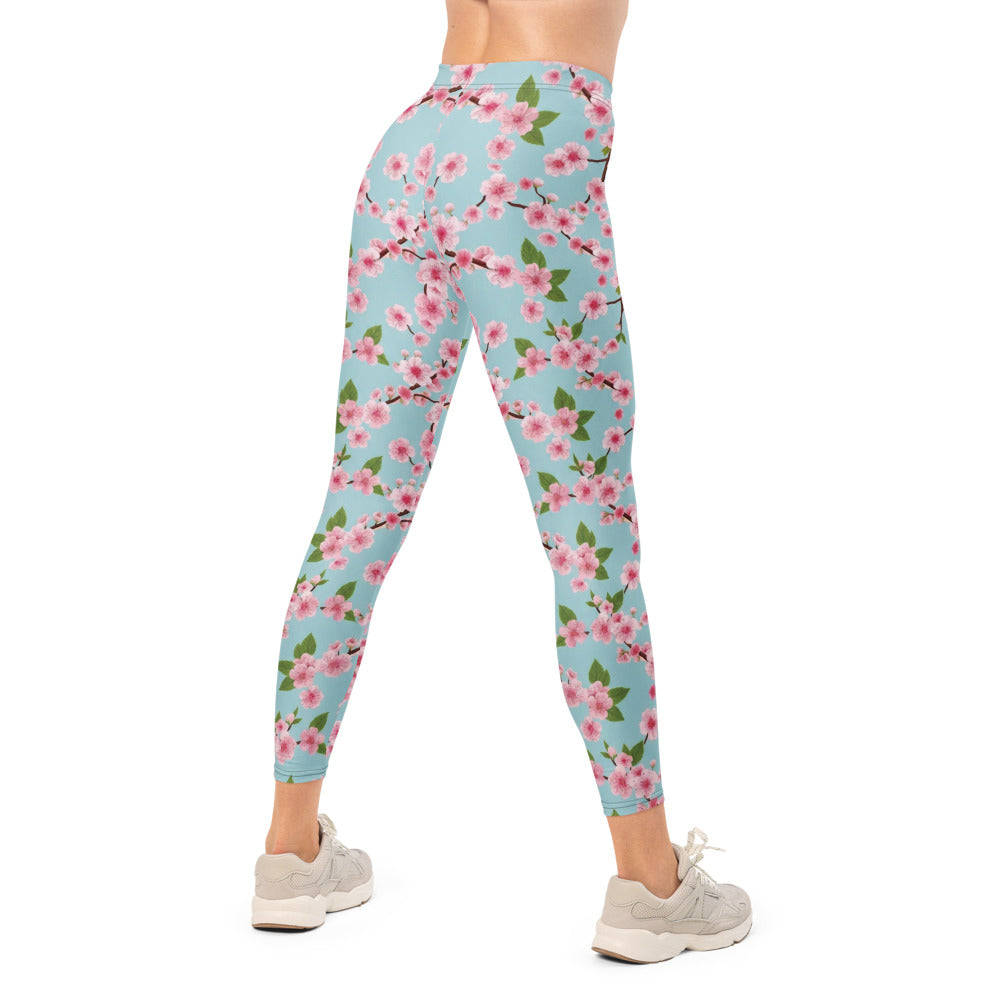 Personalisierte Sportleggings Damen Kirschblüten Design Hellblau Rosa Fitness Yoga Leggings Geblümt E662
