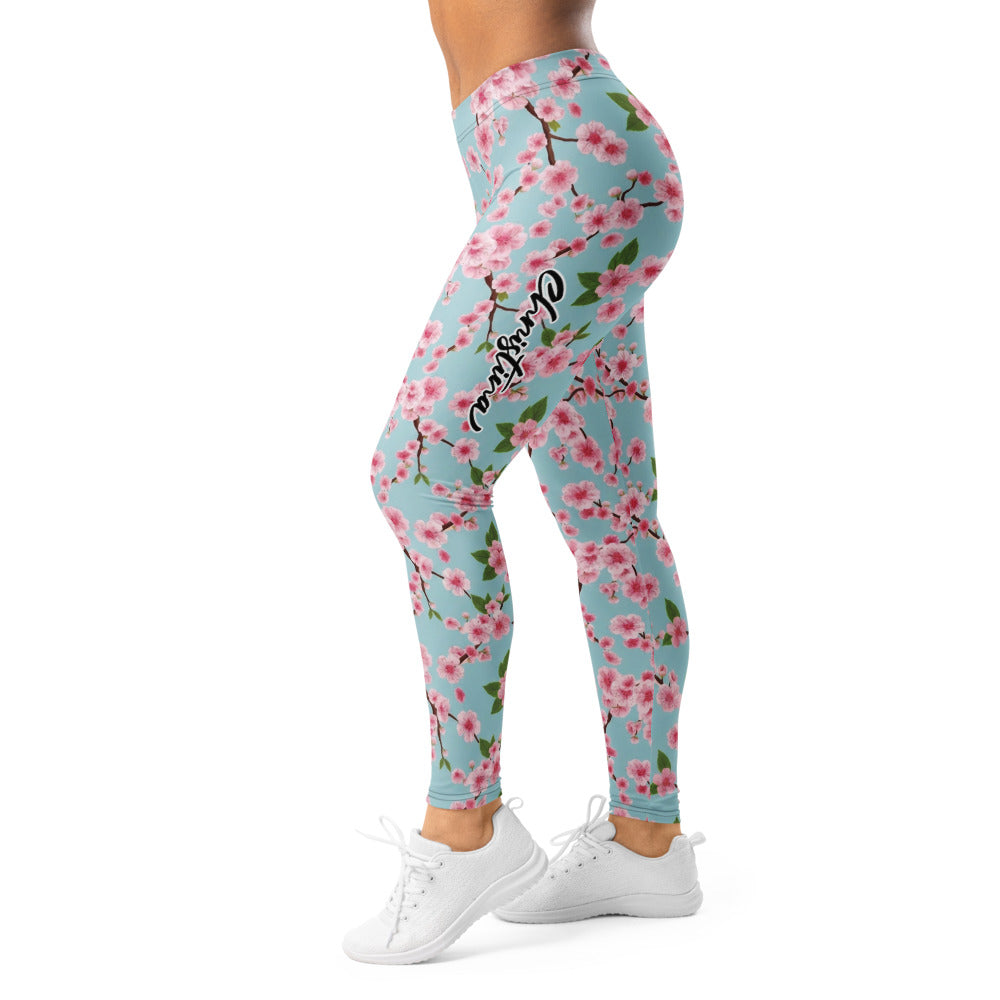 Personalisierte Sportleggings Damen Kirschblüten Design Hellblau Rosa Fitness Yoga Leggings Geblümt E662