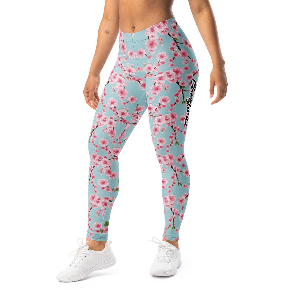 Personalisierte Sportleggings Damen Kirschblüten Design Hellblau Rosa Fitness Yoga Leggings Geblümt E662