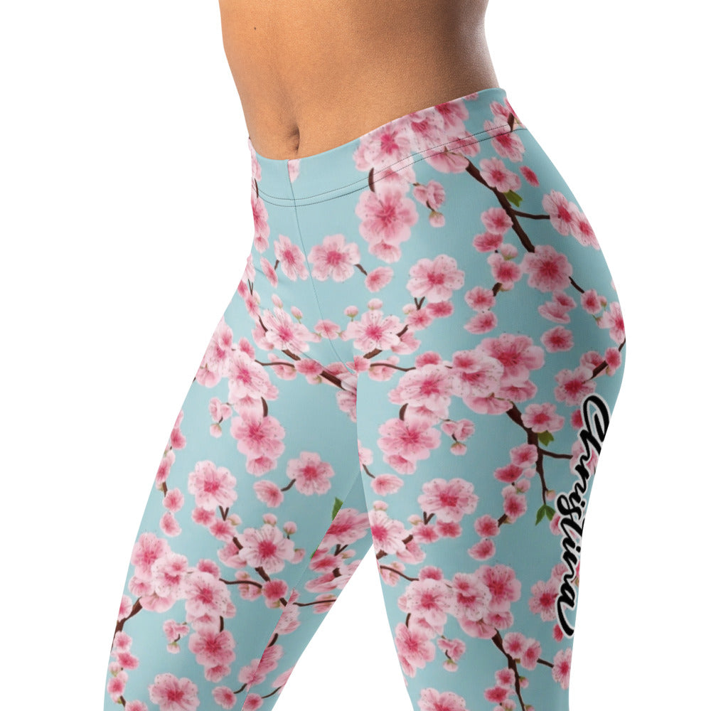 Personalisierte Sportleggings Damen Kirschblüten Design Hellblau Rosa Fitness Yoga Leggings Geblümt E662