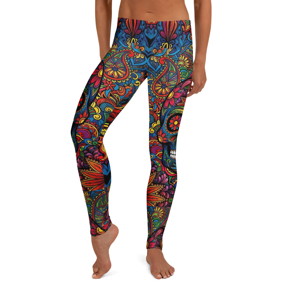 Personalisierte Sportleggings Damen Totenkopf Sugar Skull Design Bunt Paisley Fitness Leggings I753