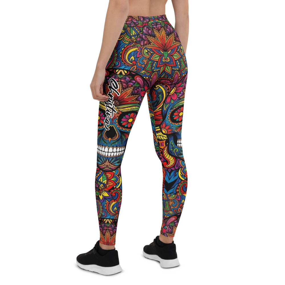 Personalisierte Sportleggings Damen Totenkopf Sugar Skull Design Bunt Paisley Fitness Leggings I753