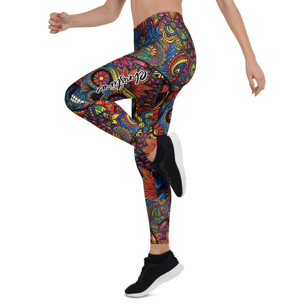 Personalisierte Sportleggings Damen Totenkopf Sugar Skull Design Bunt Paisley Fitness Leggings I753