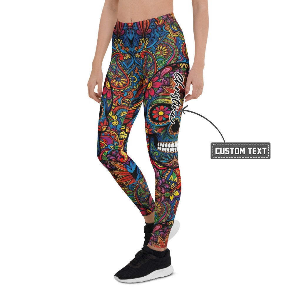 Personalisierte Sportleggings Damen Totenkopf Sugar Skull Design Bunt Paisley Fitness Leggings I753 - XL