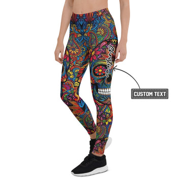 Personalisierte Sportleggings Damen Totenkopf Sugar Skull Design Bunt Paisley Fitness Leggings I753 - XL
