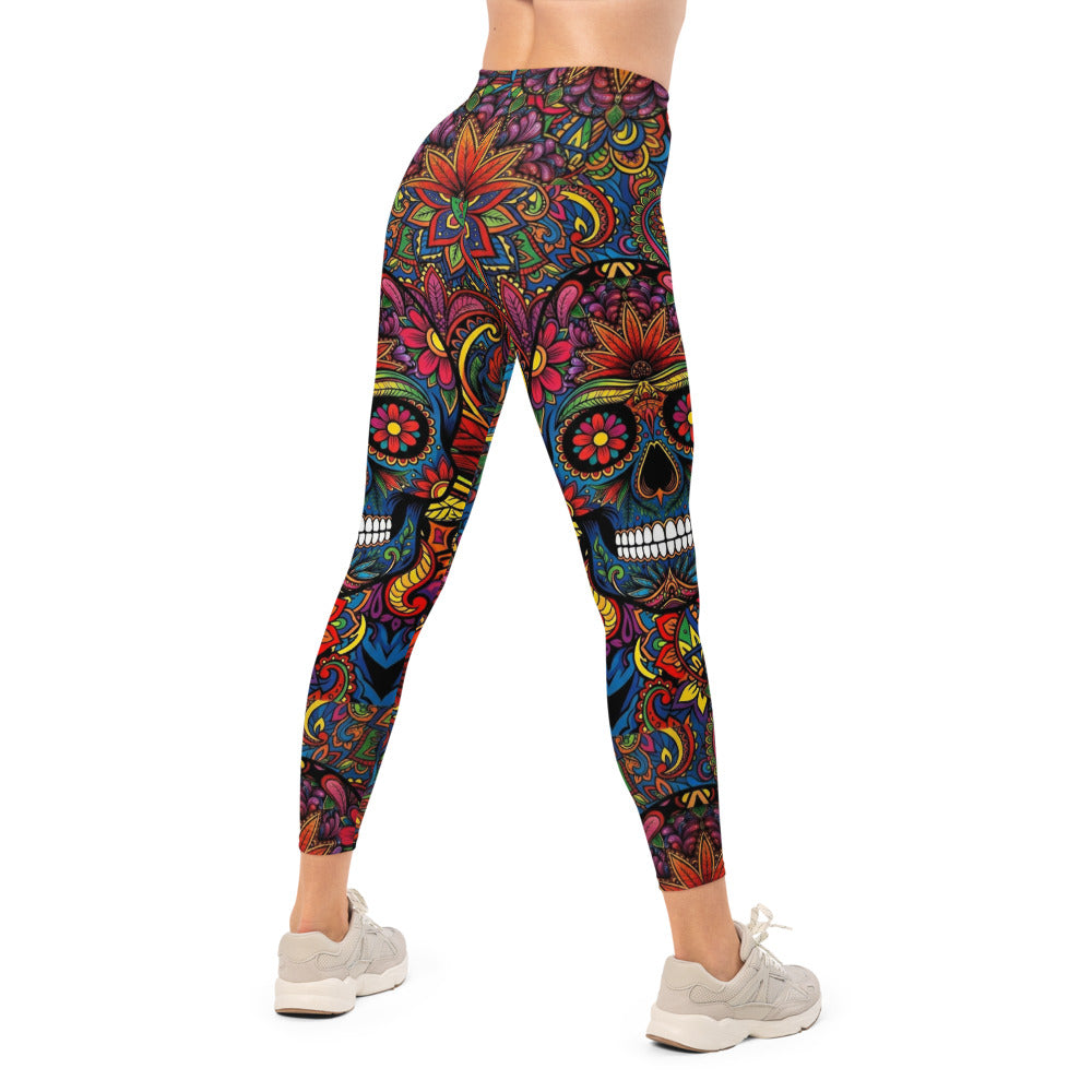 Personalisierte Sportleggings Damen Totenkopf Sugar Skull Design Bunt Paisley Fitness Leggings I753