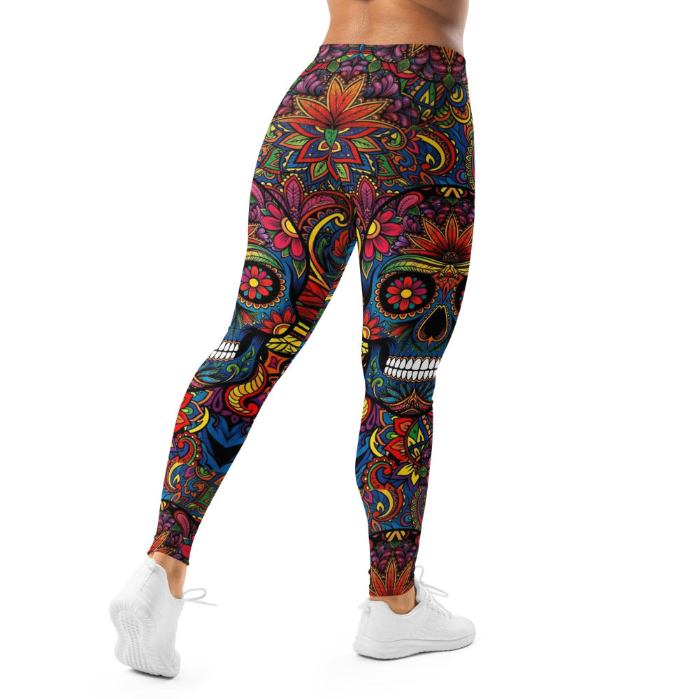 Personalisierte Sportleggings Damen Totenkopf Sugar Skull Design Bunt Paisley Fitness Leggings I753