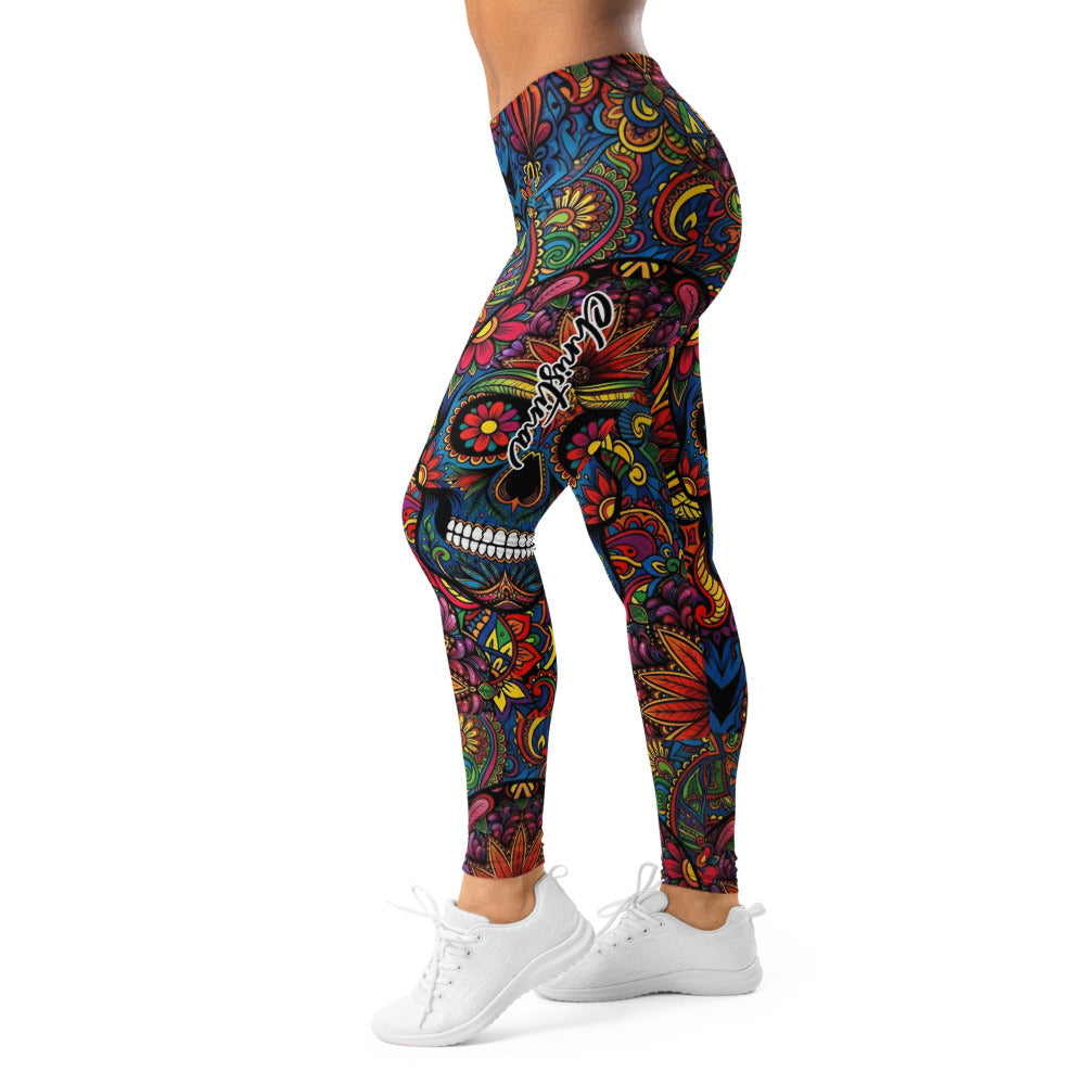 Personalisierte Sportleggings Damen Totenkopf Sugar Skull Design Bunt Paisley Fitness Leggings I753